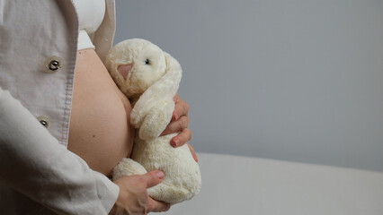 Women belly, pregnant woman hug white rabbit.
