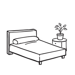 Minimalist Bedroom Vector — Black and White Line Drawing of Bed with Bolster Pillow and Potted Plant on Round Side Table