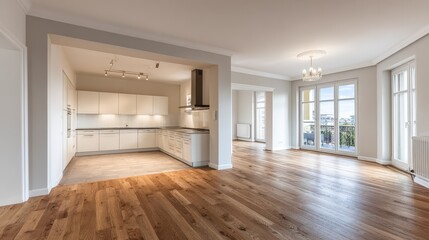 Fototapeta premium beautiful luxury renovated apartment in an apartment building with bathroom new kitchen new floors balcony well furnished no logos no brands ar 169