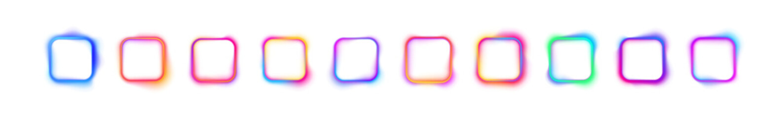 Set of glowing neon square lamps isolated on white background with copy space. Illustration of neon electric style square frame. Gradient pink purple blue color. PNG	