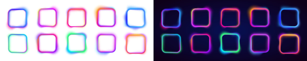 Square rectangular frame with two color neon motion graphics on isolated transparent background in...