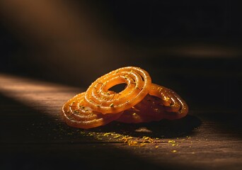 Delicious jalebi, a popular indian sweet, on a wooden surface with a dark background, creating a dramatic and inviting scene
