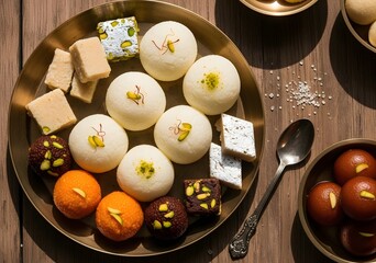 Top view of indian sweets including rasgulla, barfi, and laddu on a plate, a popular dessert