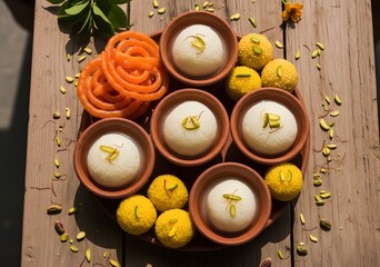 Delicious rasgulla and jalebi platter with pistachios on wooden table, a delightful indian sweet treat