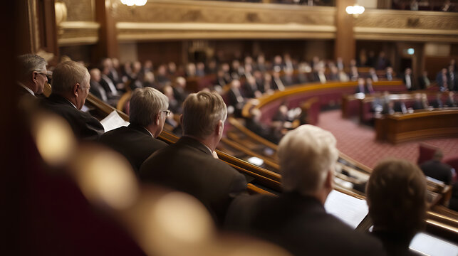 Audience in a theater or a legislative body, focused on the stage. Attendees dressed in dark suits create a professional atmosphere, reflecting on engagement in the event.