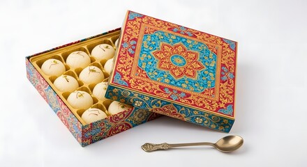 Rasgulla in a decorative box isolated on white background, a popular indian dessert made from milk solids and sugar syrup