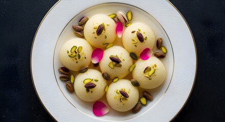 Delicious rasgulla, a traditional indian sweet made from chhena and semolina dough, served on a plate isolated on white background