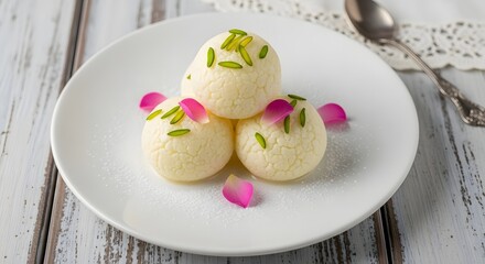 Three rasgullas on a plate, a traditional indian sweet made from chhena and semolina dough isolated on white background