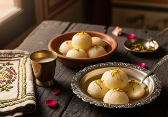 Delicious rasgulla served with milk and rose petals on a rustic wooden table, a traditional indian dessert