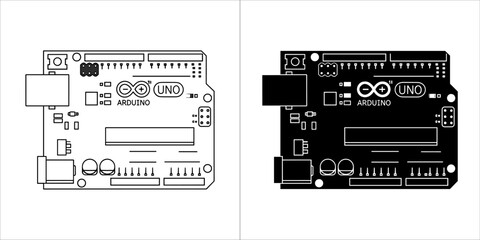Arduino uno microcontroller board in black and white