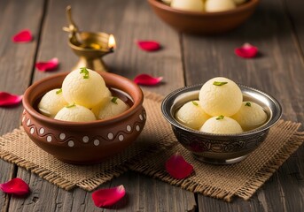 Rasgulla, a popular indian sweet, served in bowls with rose petals on a wooden table, a culinary delight