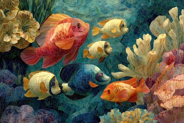 Colorful underwater scene features various fish swimming amongst coral reefs, rendered in a mosaic style with small brick-like textures, vibrant ecosystem