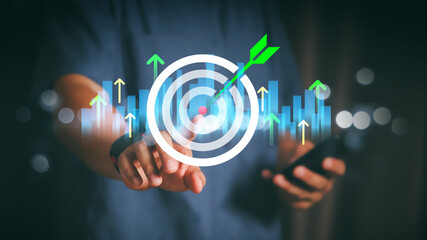 Targeting business concept. Businessman show virtual target icons for business objective. Strategic planning for business growth and target customer group. Set up business objective target goal.