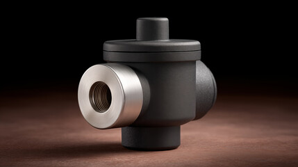 Industrial valve component with threaded connector and black coating on wooden surface for manufacturing applications