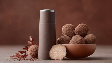 Elegant pepper grinder with brown texture beside fresh truffles in wooden bowl for gourmet cooking concept