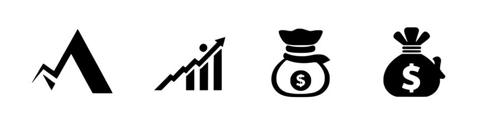 financial growth and investment strategy icons in black and white. Wallet with cards icon. Coins silhouette icon. Growth chart. Moneybag or stash. Piggy bank flat style - stock vector