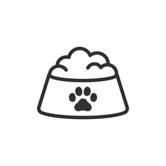 Pet bowl with food, linear icon. Animal care and feeding concept. Line with editable stroke.