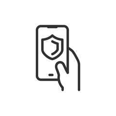 Hand holding smartphone with shield, linear icon. Mobile security and data protection. Line with editable stroke.