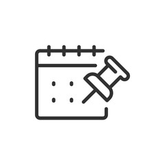 Naklejka na ściany i meble Calendar with push pin, linear icon. Event planning and schedule reminder. Line with editable stroke. Naklejka na ściany i meble Calendar with push pin, linear icon. Event planning and schedule reminder. Line with editable stroke.