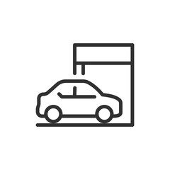 Car in garage, linear icon. Vehicle parking or private storage. Line with editable stroke.
