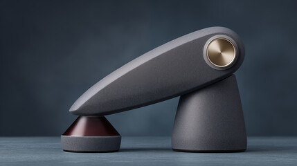 Modern ergonomic device with metallic button and textured grip balanced on geometric base for comfort design