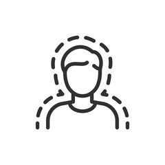 Person surrounded by protective contour, linear icon. Protection from viruses and external threats. Line with editable stroke.