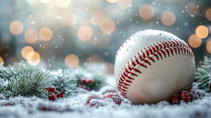 Snow gently falling on a baseball ball resting in the snow, surrounded by twinkling Christmas lights and a pine branch in the foreground, creating a festive winter scene. Banner, copy space