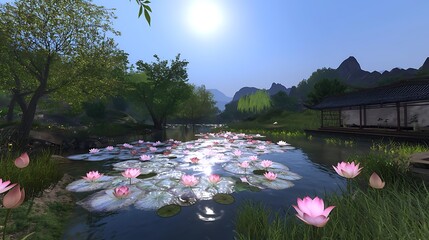 Peaceful evening riverscape with lotus-covered water, surrounding trees, and warm sunlight reflecting on surface