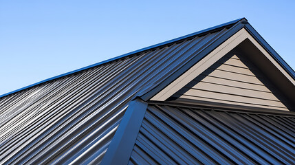 Fototapeta premium A close-up shot features the sleek, angled lines of a modern roof against a clear blue sky. The metal roofing and wooden siding create a blend of textures and shadows that showcase the building