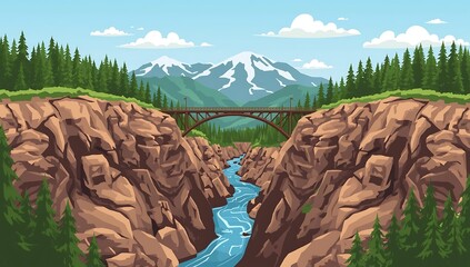 Scenic Illustration of a Bridge Spanning a River Through Mountains