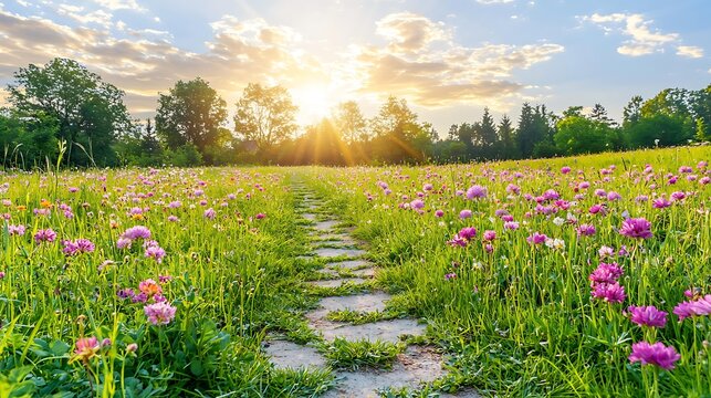 Pathway through countryside flower fields and open grassland with golden sunlight filtering from light clouds