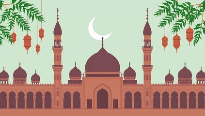 Stylized Ramadan Kareem Illustration Featuring a Mosque, Lanterns, and Crescent