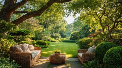 beautiful green garden with wicker terrace furniture and trees no logos no brands ar 169