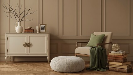 Cozy Living Room Interior with Beige Furniture, Books, and Green Accents