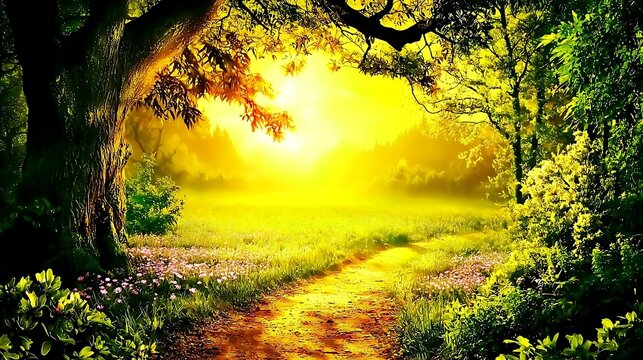 Morning light on forest path beside blooming meadow and distant misty mountain landscape - Powered by Adobe