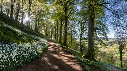 Obraz premium Countryside path with dappled sunlight through trees, wildflowers on sides, under bright clear sky