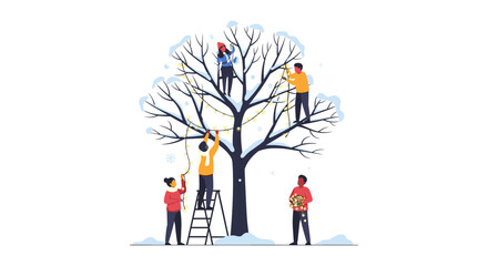 Winter tree decoration with friends hanging lights