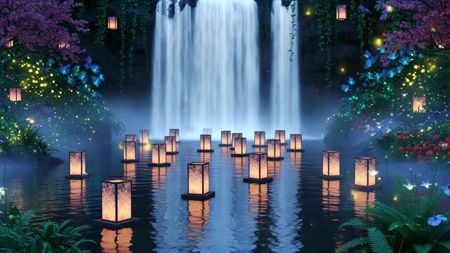 Magical waterfall with lanterns in a fantasy garden