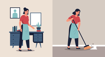 Domestic chores: woman engaged in home cleaning activities and tidying up