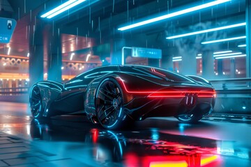 Sleek, driverless vehicle navigating a neon lit, rainy urban environment, showcasing the future of transportation