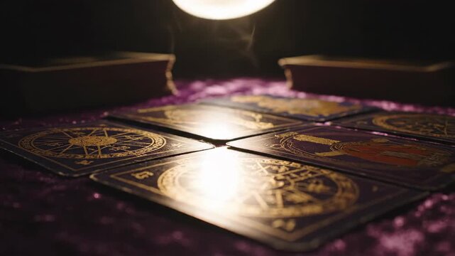 Mystical Tarot Card Reading Session with Illuminated Cards and Hand.
