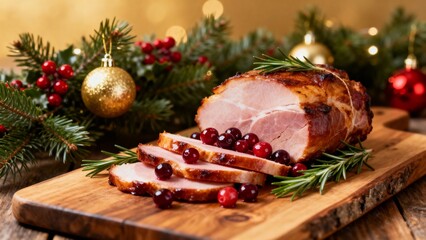 Sliced ham with cranberries and rosemary on wooden cutting board  