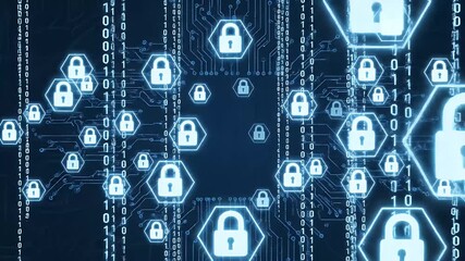 Futuristic cybersecurity concept with glowing padlock icons and binary code - Powered by Adobe