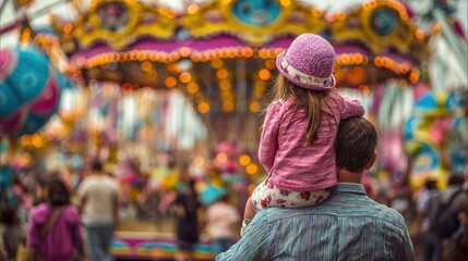 child sitting on her fathers shoulders in front of a colorful carousel at a carnival girl and boy with their parents at the vintage amusement park rides wearing a cute ladybug outfit and a sun hat no