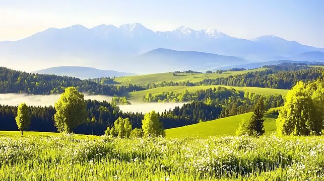 Tranquil valley with wildflowers in full bloom surrounded by green forest and misty mountain peaks in warm morning light - Powered by Adobe