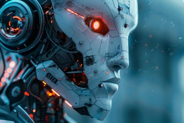 Fototapeta premium Close up of a futuristic robot head showcasing advanced ai and cutting edge technology