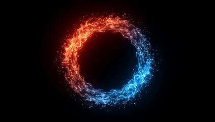 Abstract Neon Ring Red and Blue Fire and Ice Glowing on Black