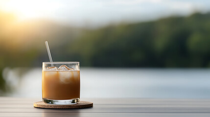 Refreshing drink with ice cubes served on a wooden table by the lake. The serene lake and forest background adds a calming vibe to this idyllic moment. Enjoy the simple pleasures.