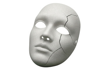 A cracked porcelain mask with empty eyes, slightly tilted, isolated on plain green background 