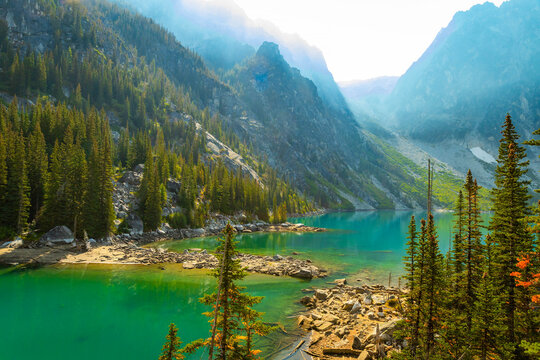 Scenic Turquoise Waters of Colchuck Lake in Washington Forest